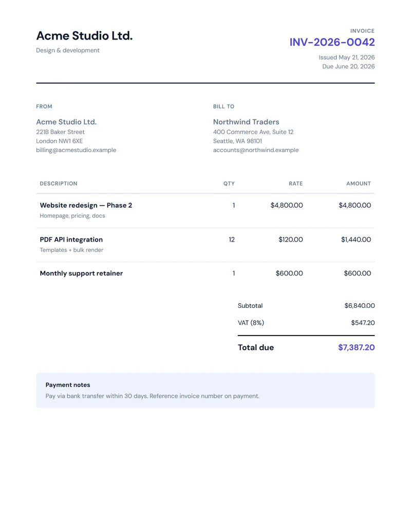 Preview of the Professional invoice template