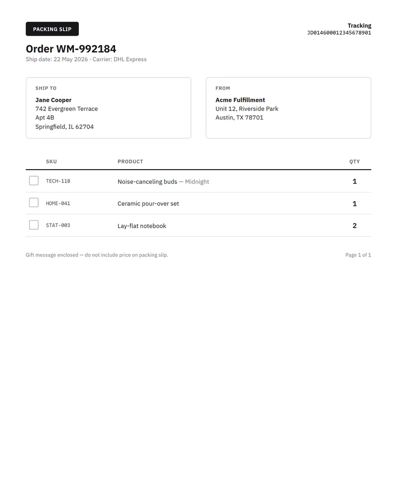 Preview of the Packing slip template