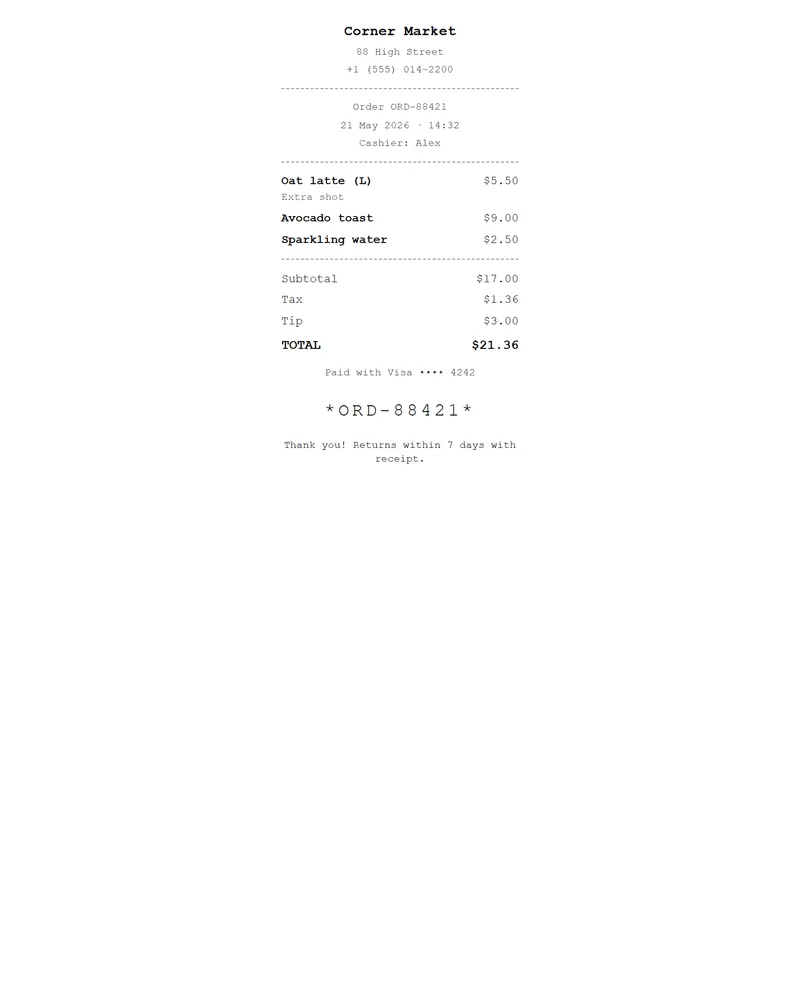Preview of the Store receipt template
